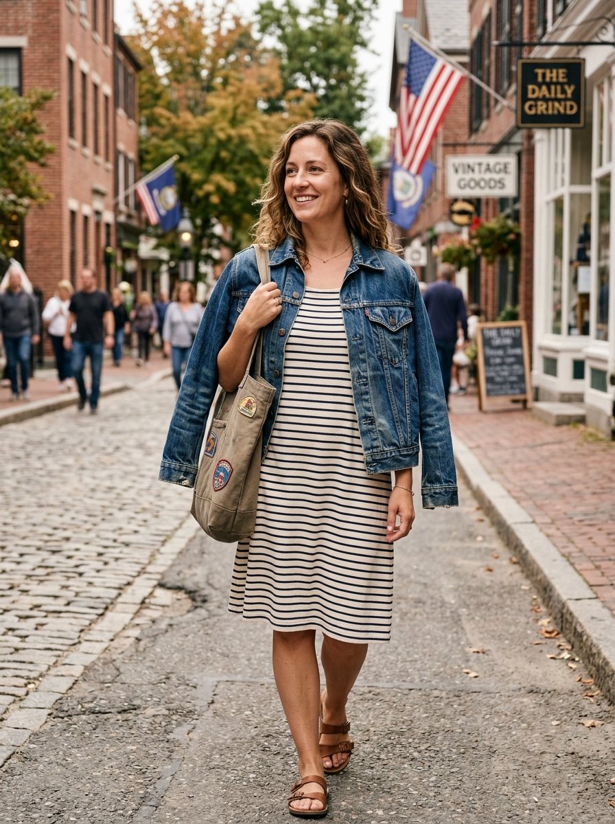 A woman wearing a denim jacket and striped dress carries a patch-covered tote bag on a quaint brick street.