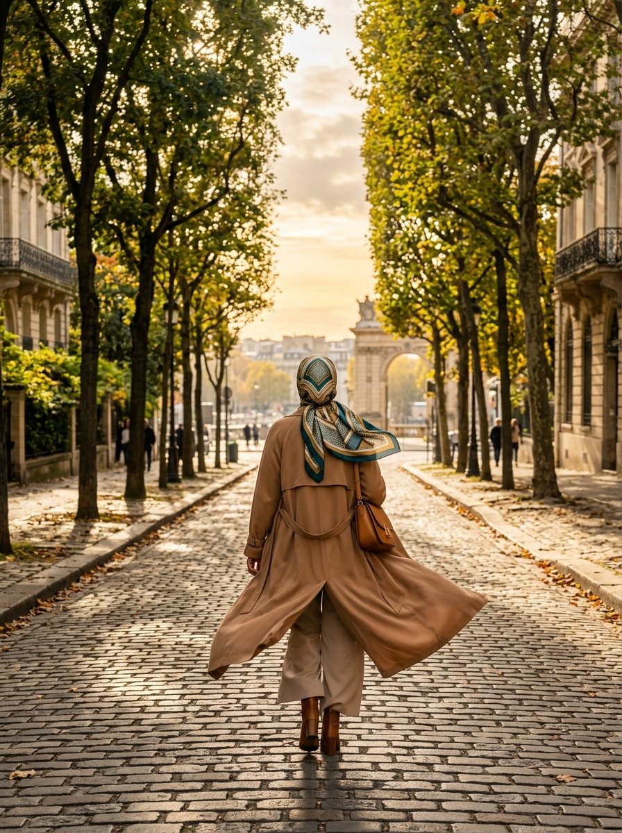 A person wearing a tan trench coat and patterned headscarf walking away on a cobblestone road lined with trees.