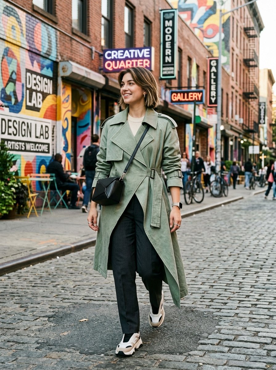 Young woman with bob hair wears olive trench coat and chunky sneakers on a vibrant urban cobblestone street.