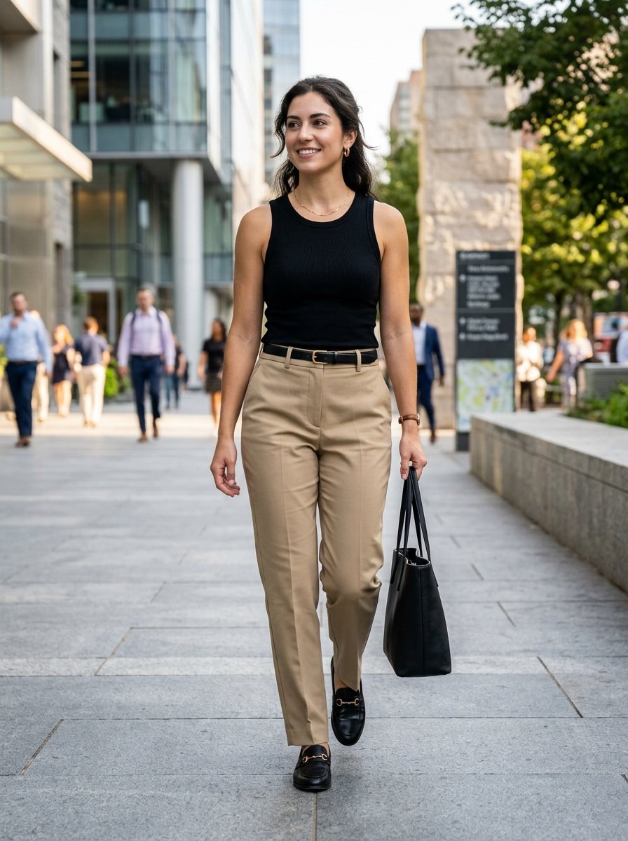 A woman in a black tank top and beige trousers walks on a city sidewalk holding a black leather tote bag.