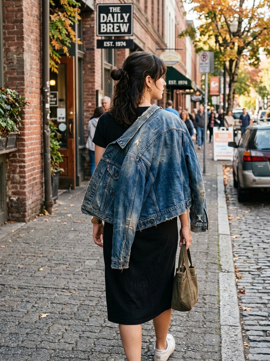A person seen from behind wearing a black dress and denim jacket walking on a historic stone sidewalk.