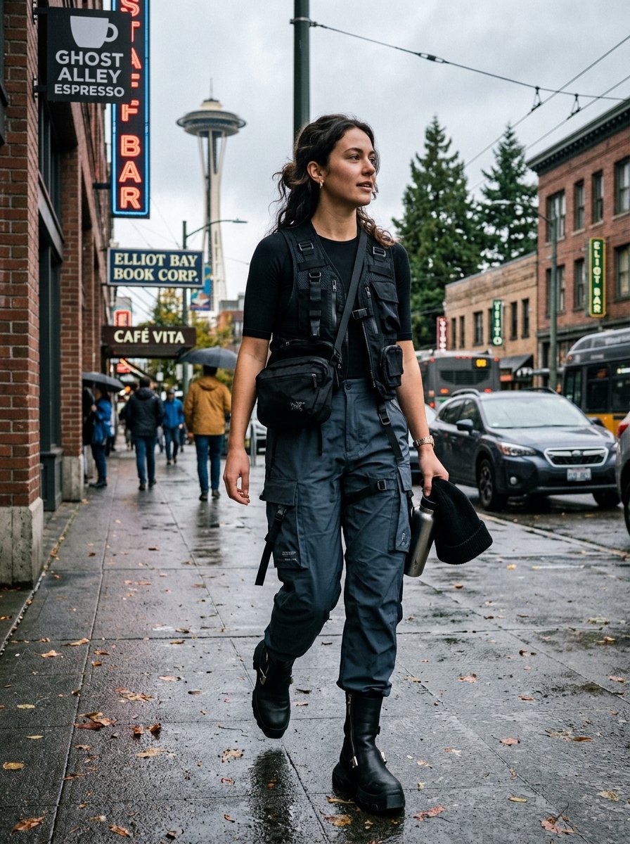 Young woman in techwear aesthetic walking on a rainy Seattle sidewalk with the Space Needle in the background.