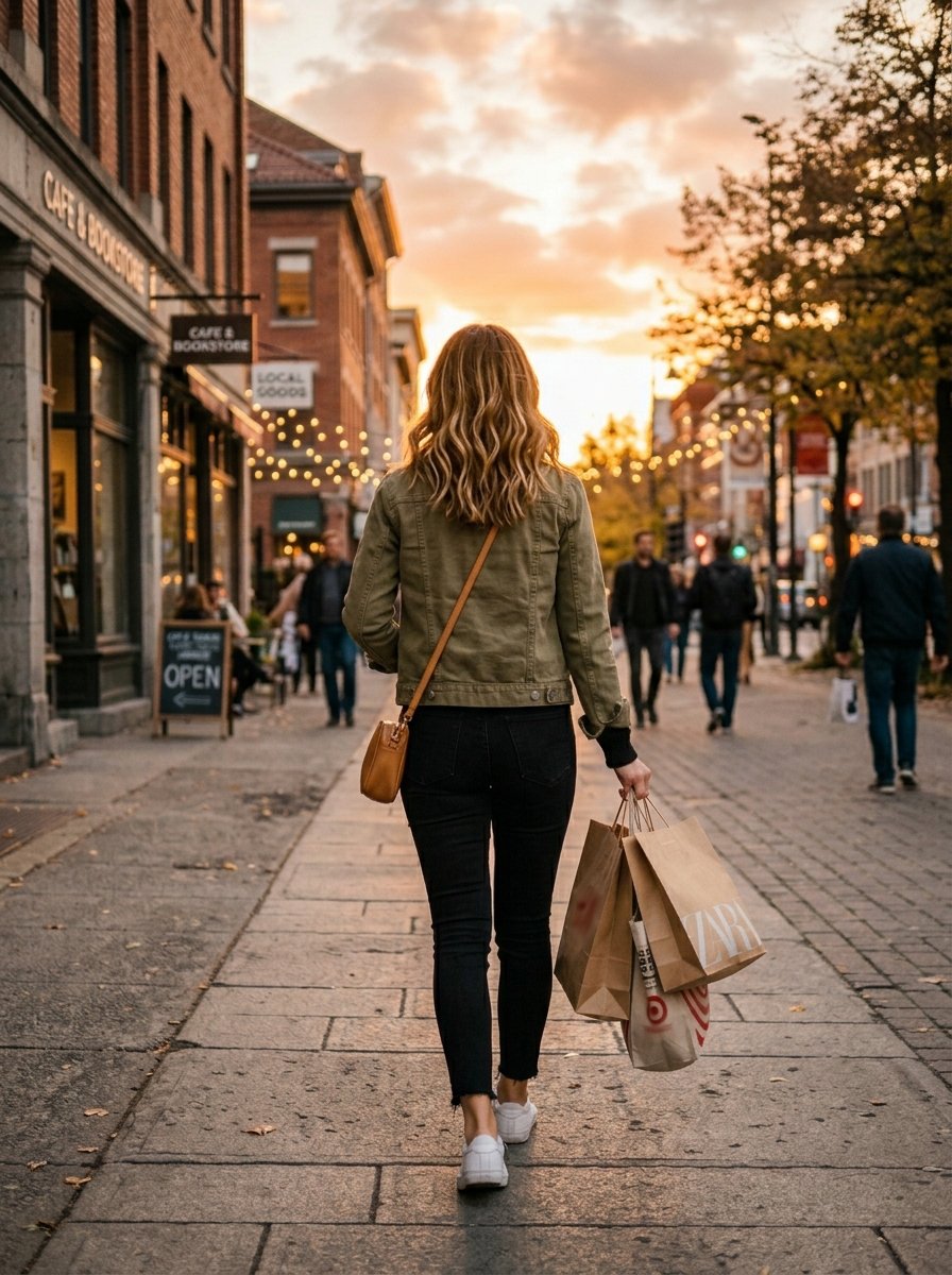 Back view of a woman in a green jacket holding store bags on a pedestrian walkway at sunset.