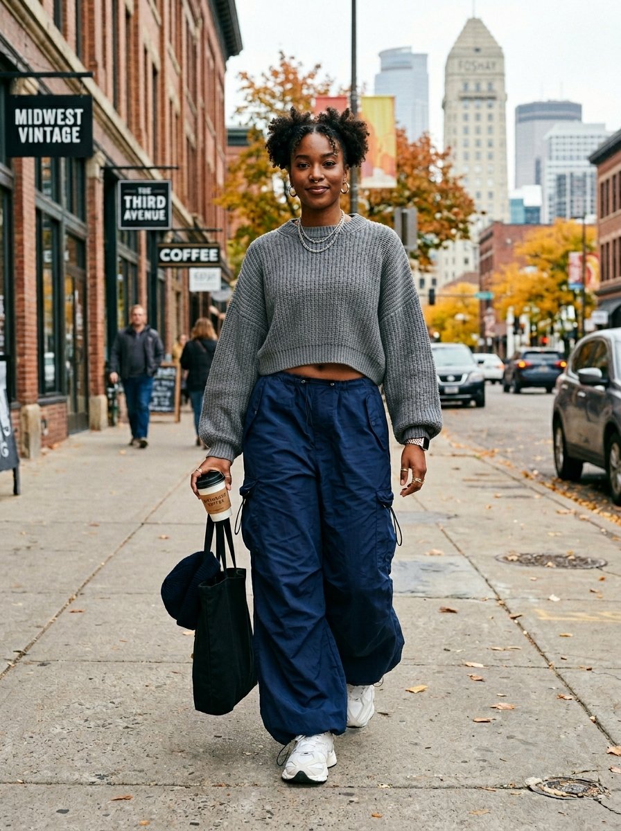 Smiling woman holding a coffee and tote bag while walking down a city street in autumn.