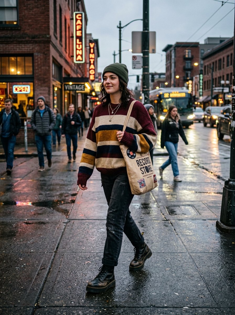 Smiling woman in beanie and colorful sweater carrying a record store tote bag on a rainy city sidewalk.