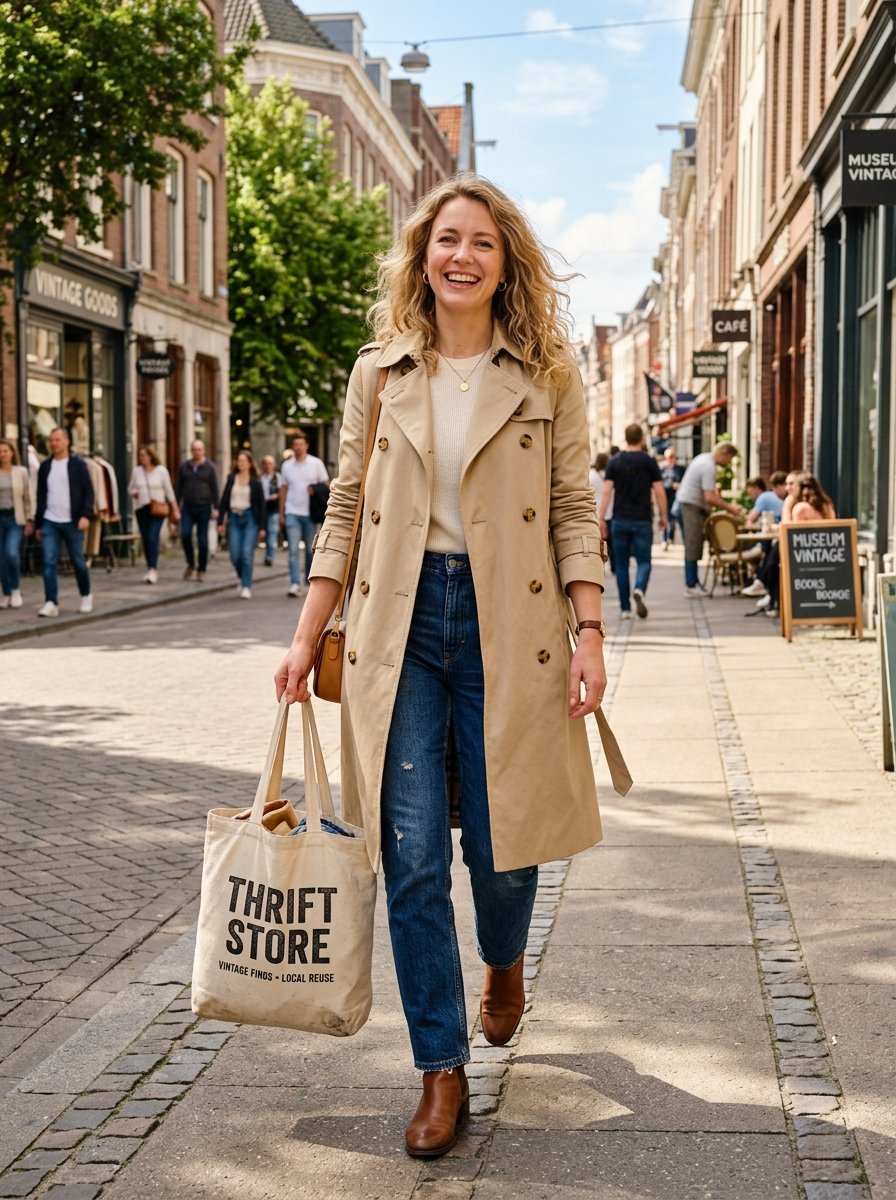 A blonde woman in a beige trench coat holds a canvas tote bag while walking down a historic European street.