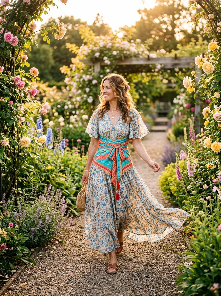 Smiling woman wearing a flowing patterned dress walking on a gravel path surrounded by blooming flowers.
