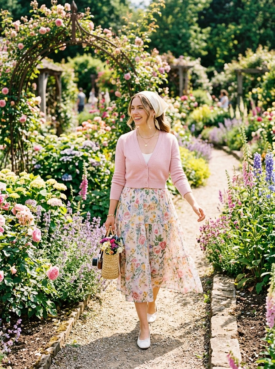 A woman wearing a pink sweater and floral skirt walks on a gravel path carrying a basket of colorful flowers.