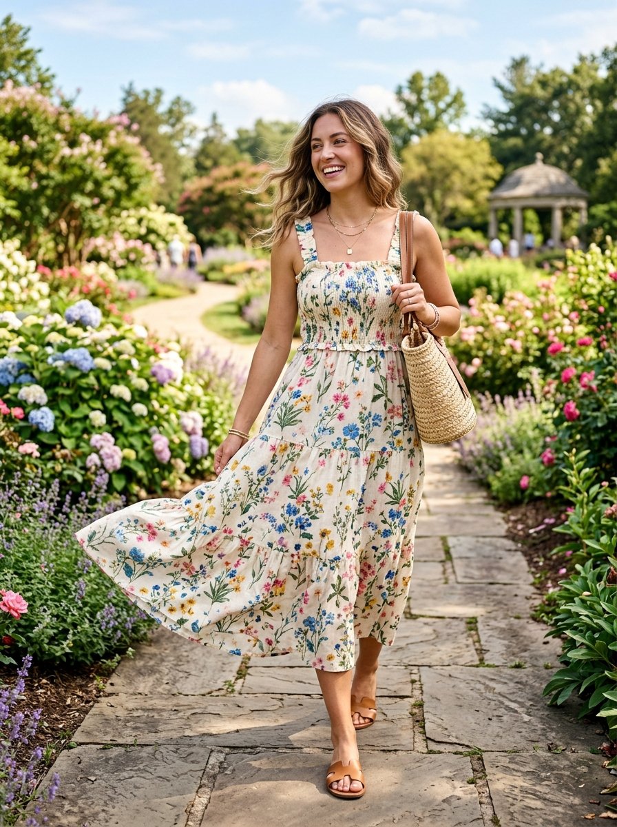 Young woman with blonde hair wearing a tiered floral midi dress and straw tote walking on a stone garden path.
