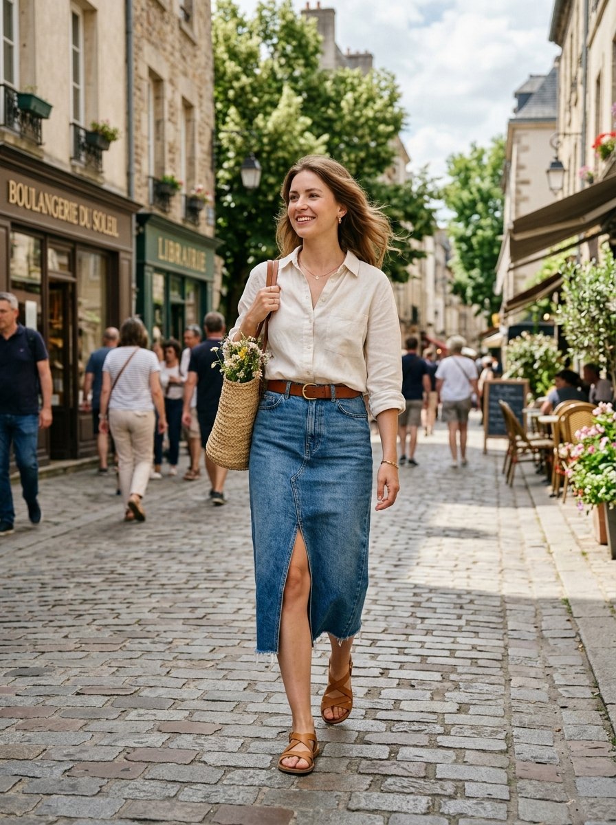 Young woman wearing a denim skirt and linen top carrying a straw flower basket in a historic European town.