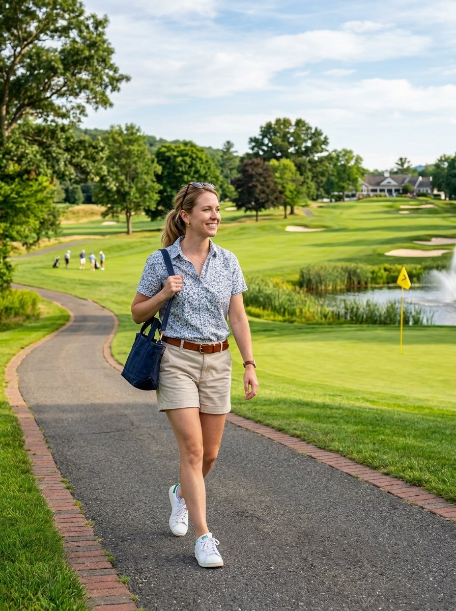 A blonde woman in a floral shirt and khaki shorts strolls down a paved path at a sunny golf club.