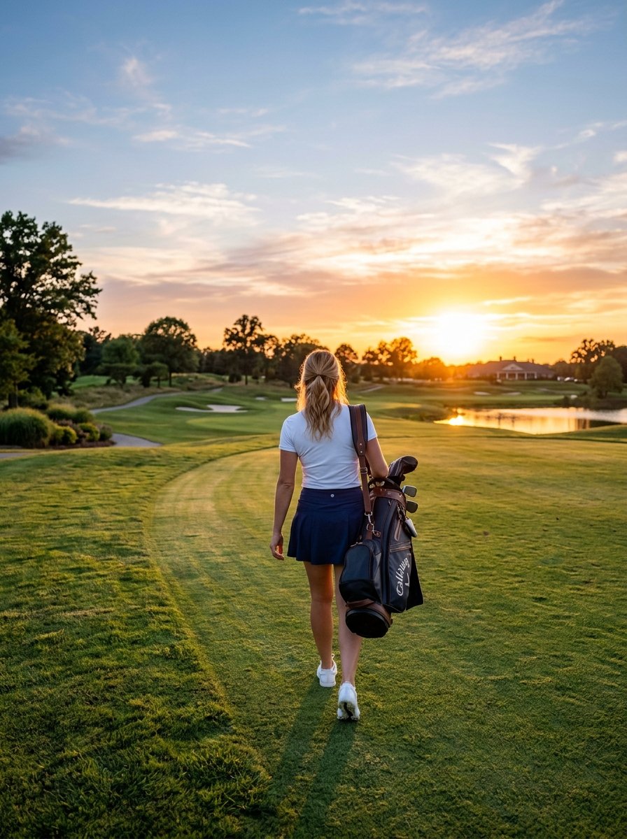 Blonde woman in golf attire walks through grass with a heavy equipment bag towards a sunset landscape.