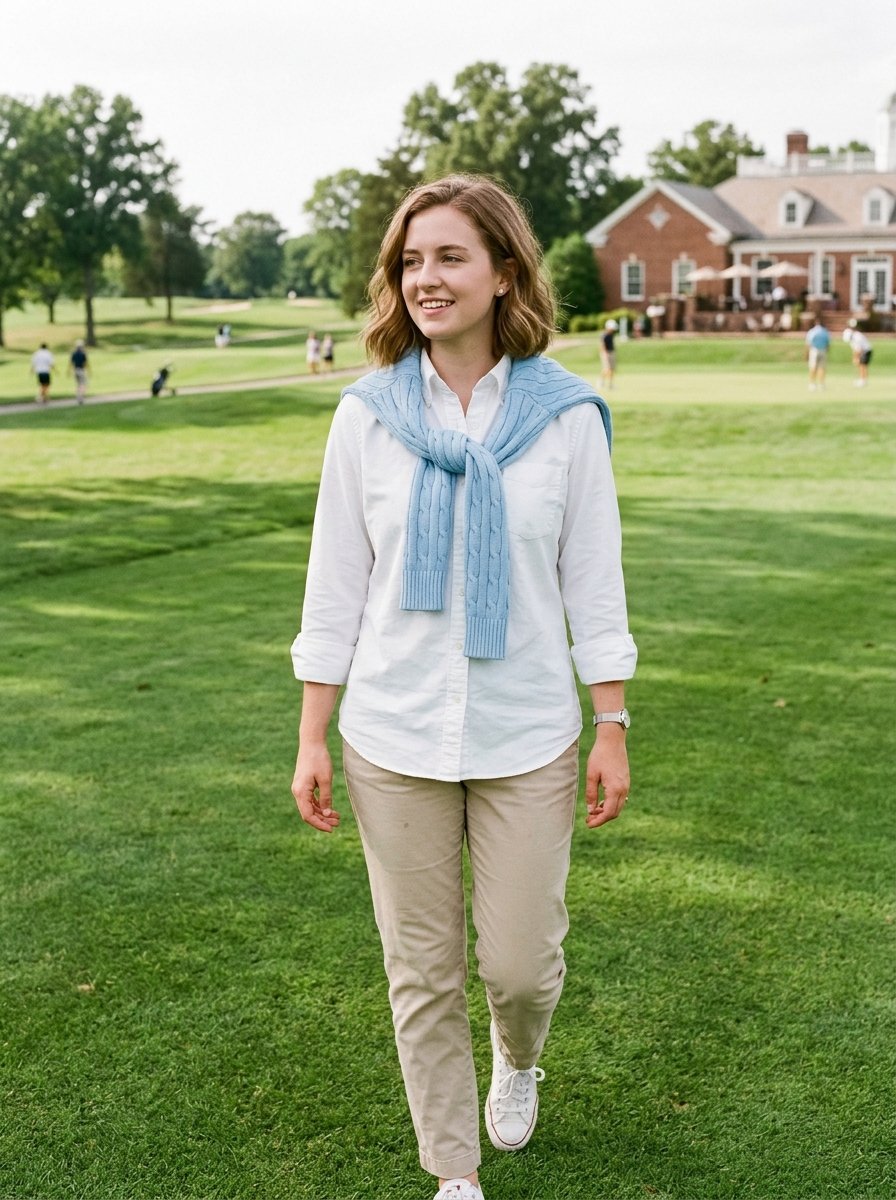 Young woman in white shirt and khakis walking across green grass with clubhouse in the background.