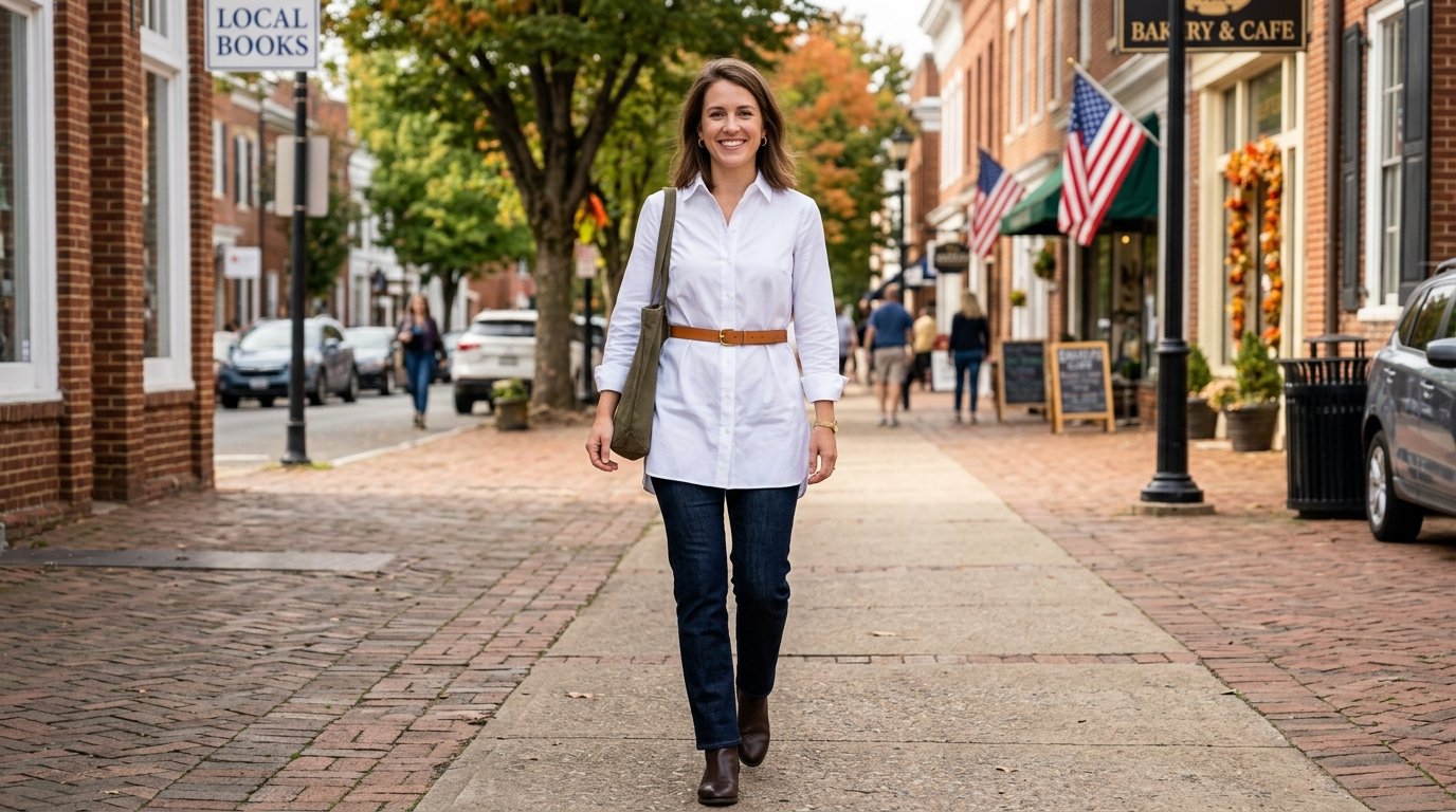 Woman in white shirt and dark jeans strolling through a charming town center with autumn trees.