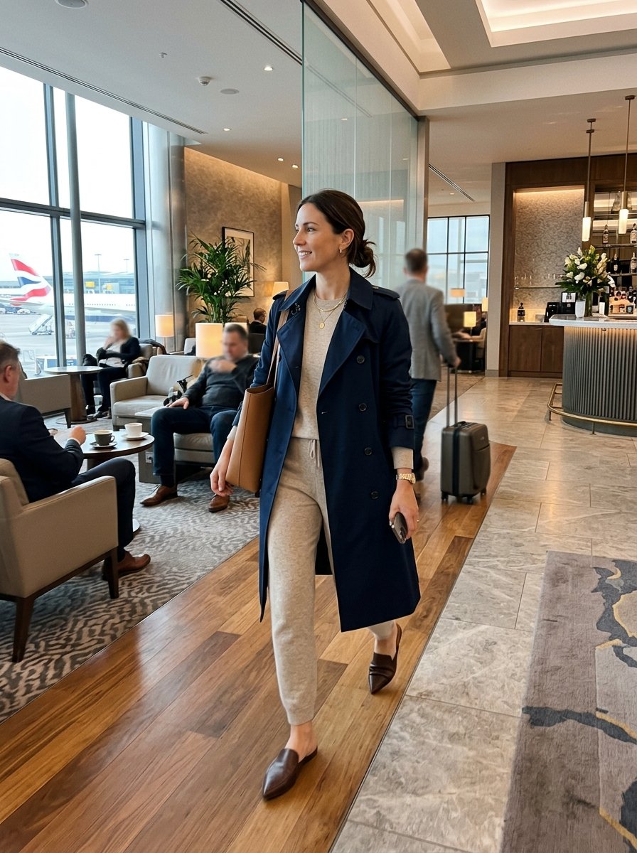A woman wearing a navy trench coat and beige loungewear walks through a luxury airport terminal with planes outside.