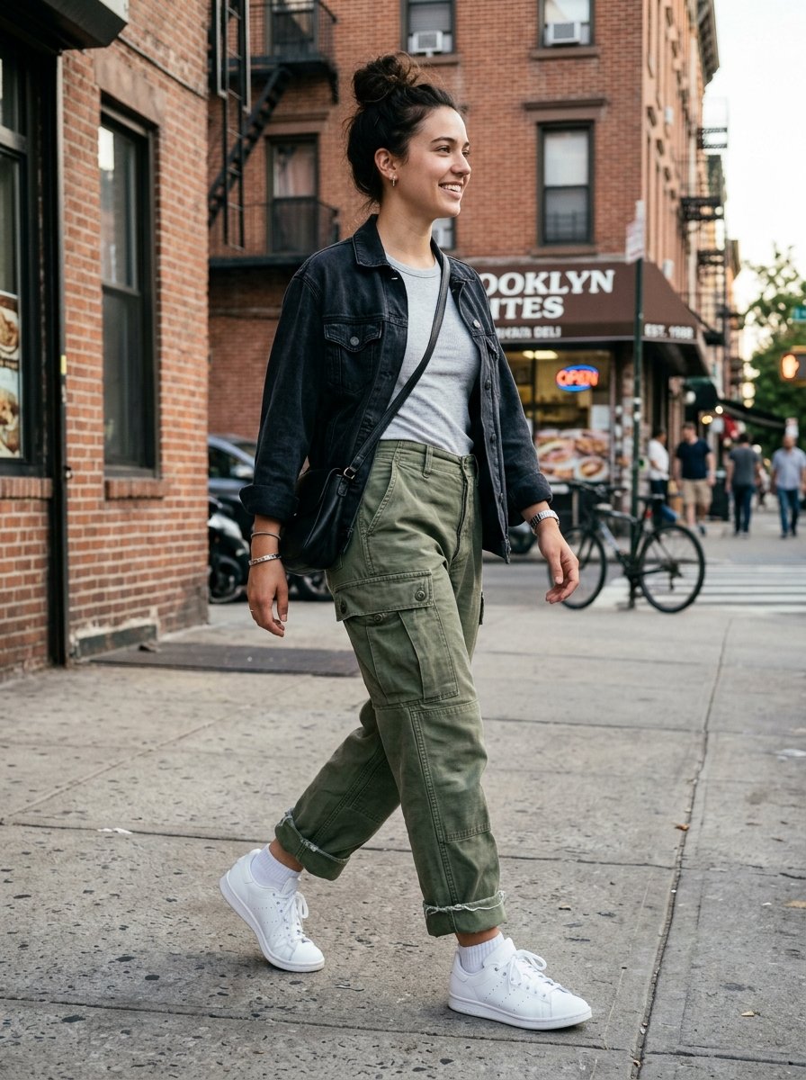 A woman with a bun wearing a black denim jacket and olive green cargo pants walks on a New York street.
