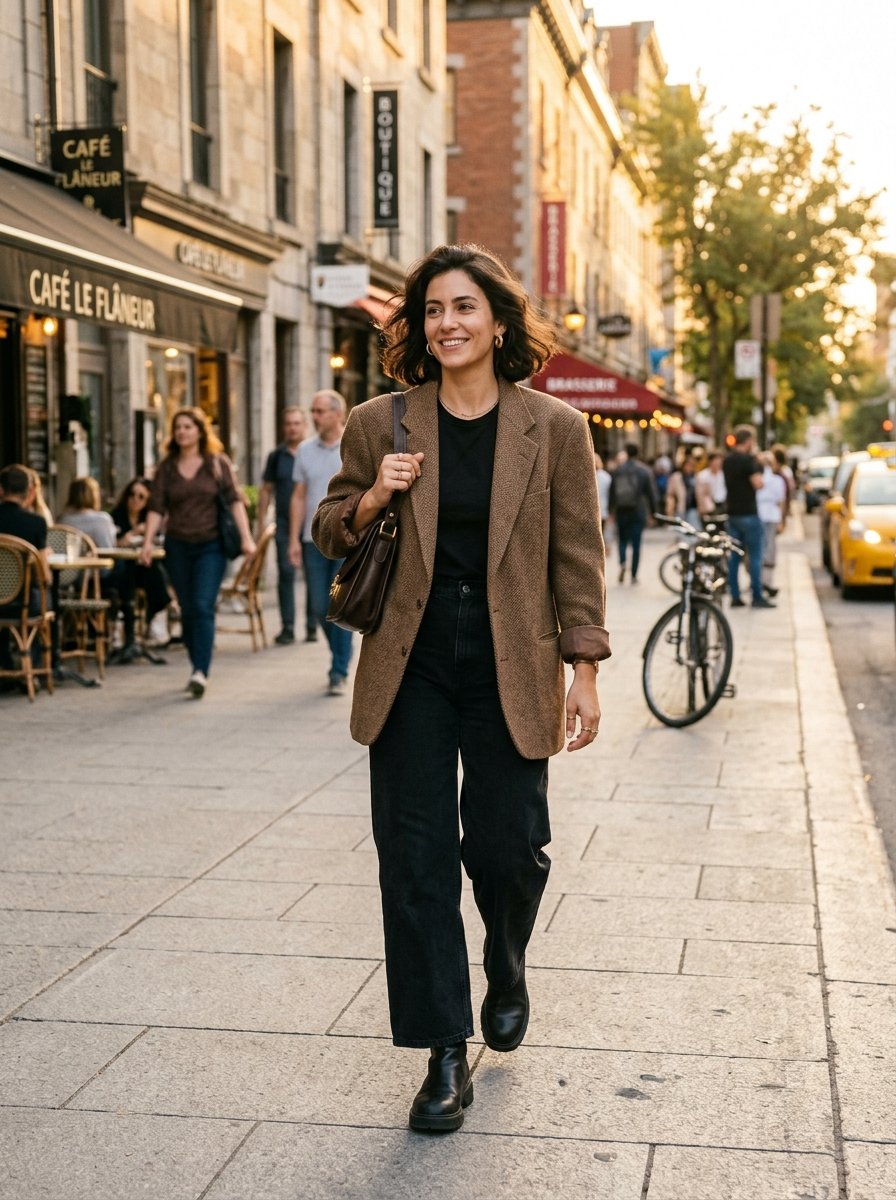 A woman with short dark hair in a brown blazer walks down a city sidewalk at sunset near outdoor cafes.