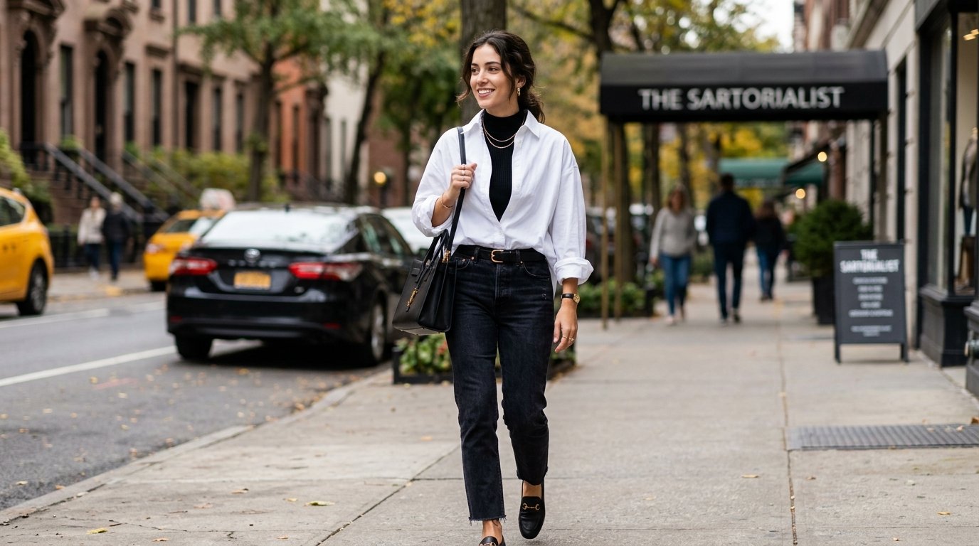 A smiling woman wearing a white shirt over a black top and jeans walking on a New York city street.