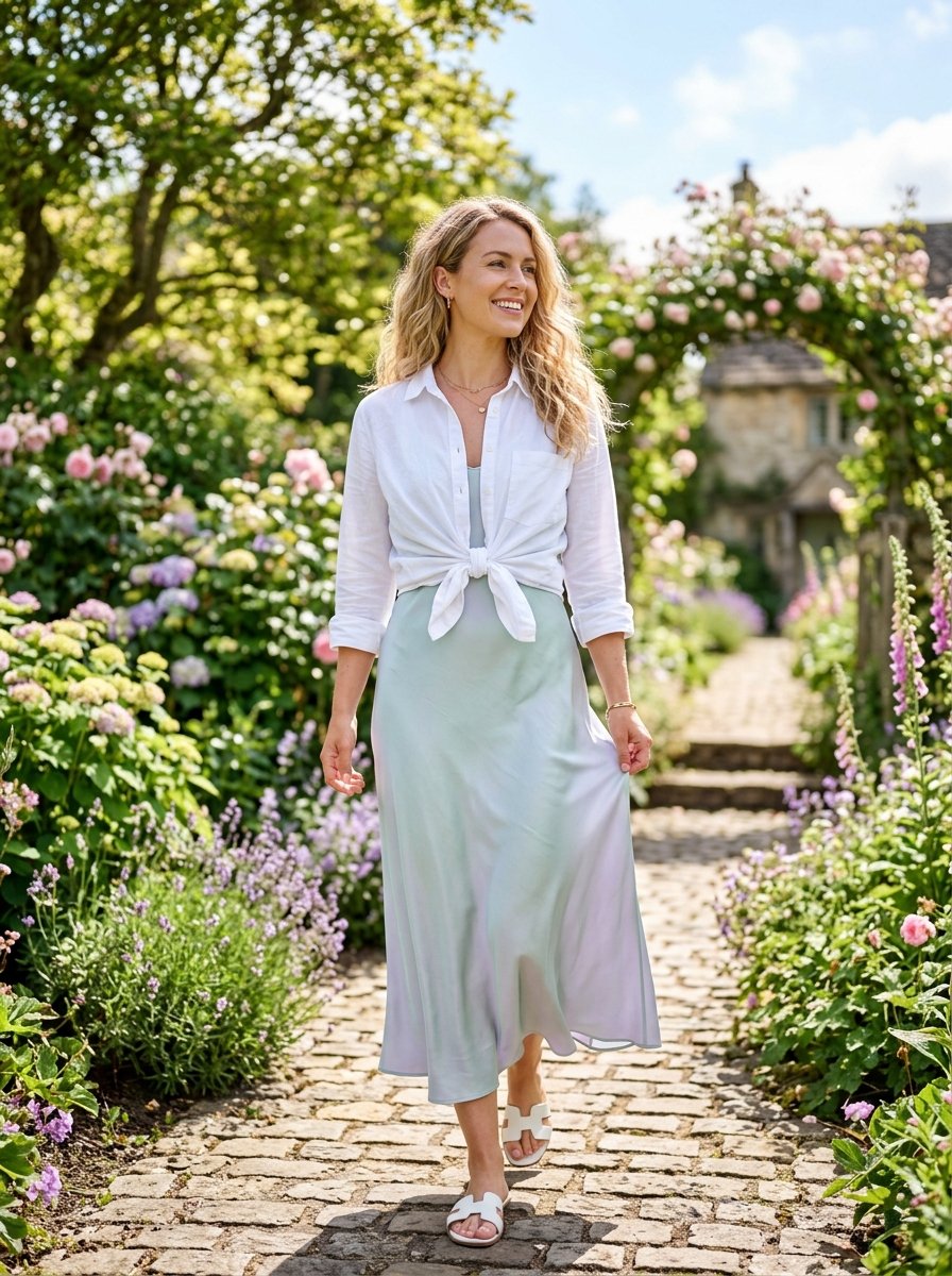 Blonde woman walking on a stone path surrounded by blooming flowers in a garden.