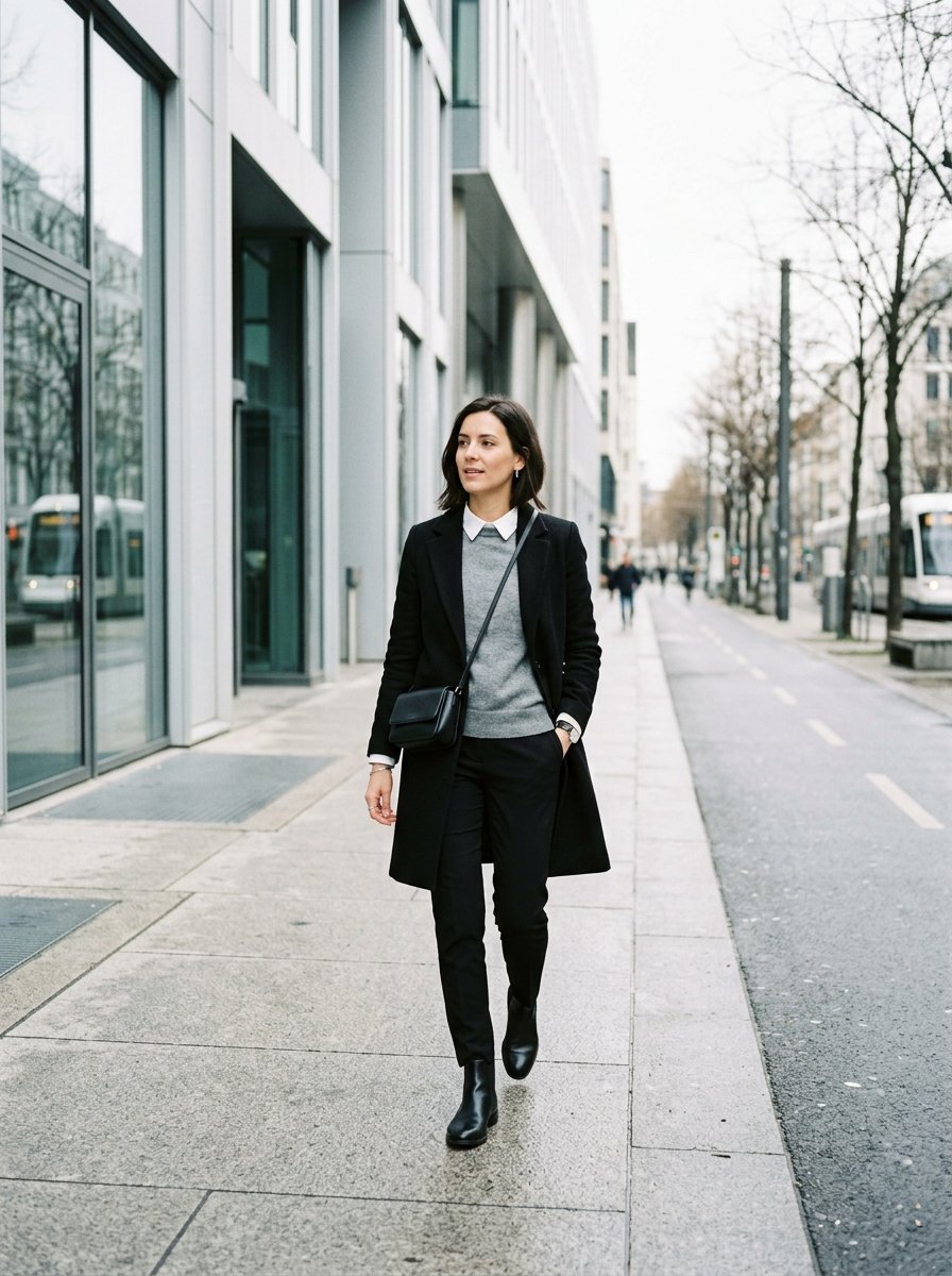 Young woman with a shoulder bag walking on a city sidewalk wearing a grey sweater and black wool coat.