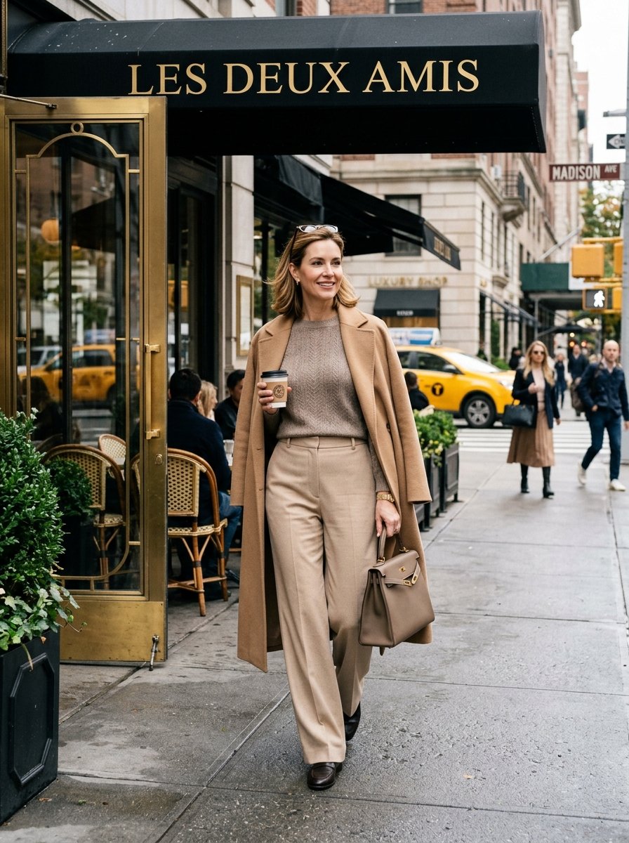 A stylish woman walks on a New York City sidewalk carrying a coffee cup and a beige leather handbag.