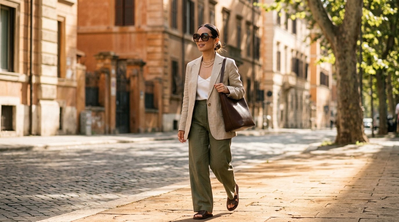 A woman wearing a beige blazer and olive trousers walks down a cobblestone street with a leather tote bag.