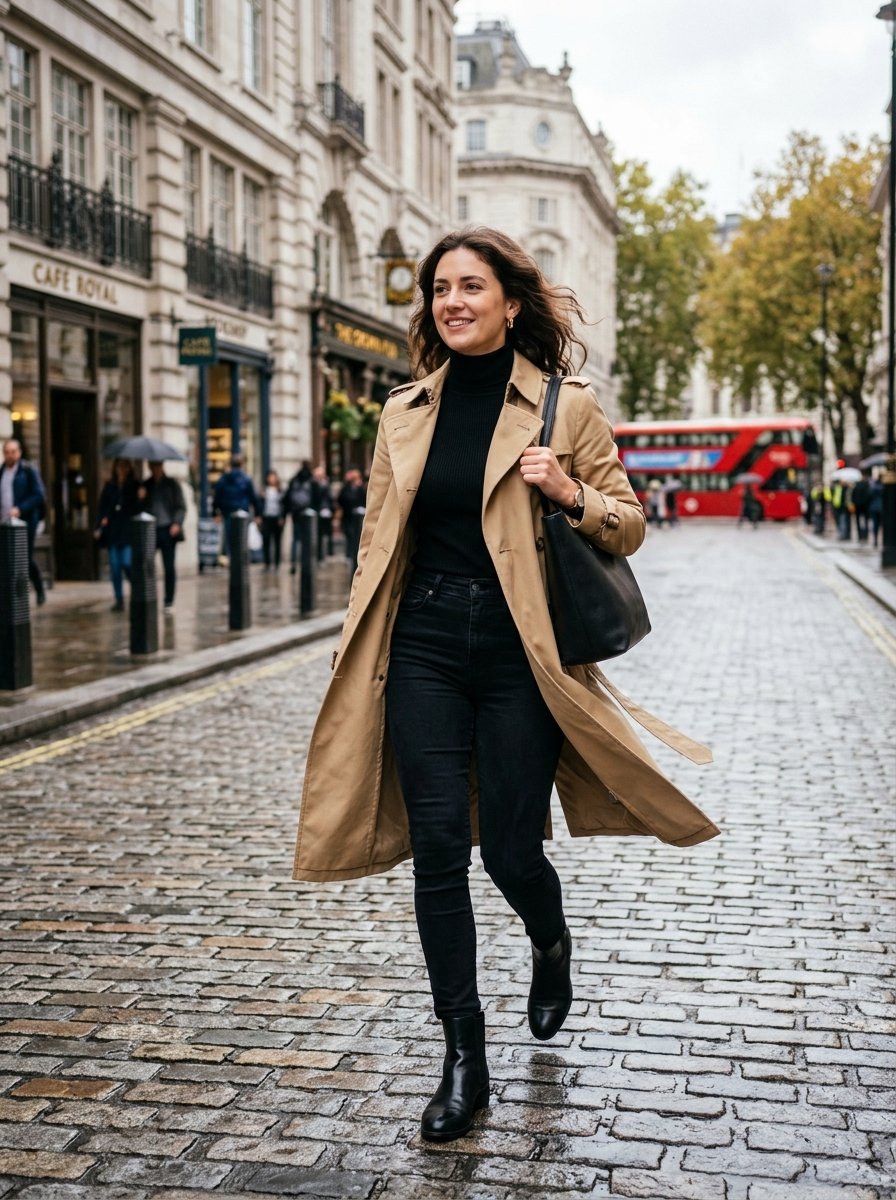 Woman with long hair walks on a rainy cobblestone street in London wearing a trench coat and black turtleneck.