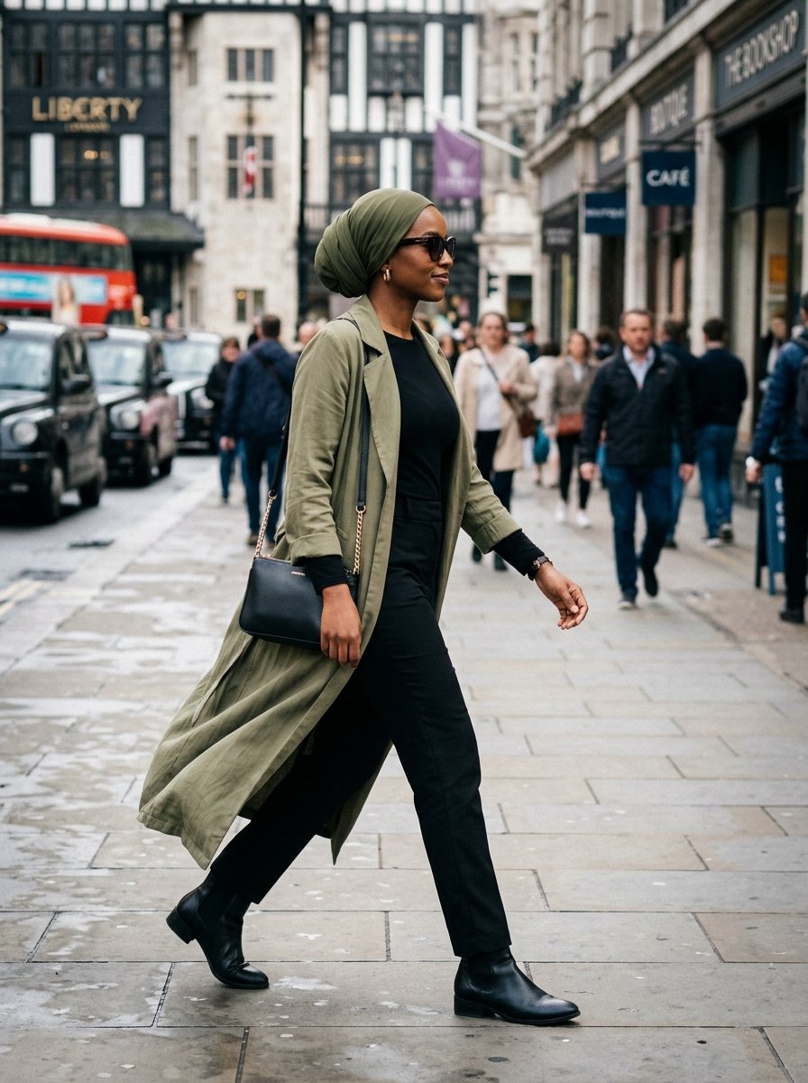 A woman wearing a green headscarf, olive trench coat, and black outfit walks along a busy London city sidewalk.