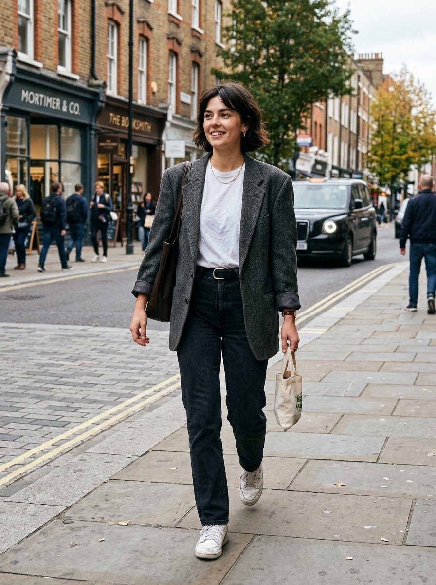 A smiling woman with a bob haircut walks down a sidewalk wearing a grey blazer, white t-shirt, and dark jeans.