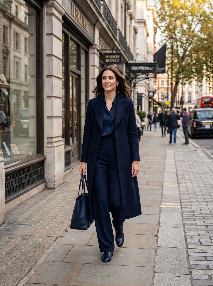 Woman wearing a navy blazer and trousers carries a leather tote bag while walking down a city sidewalk.