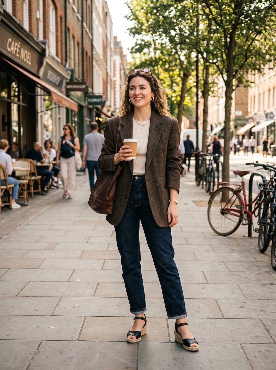 A smiling woman in a brown blazer and jeans holds a coffee cup while walking on a London sidewalk past a cafe.