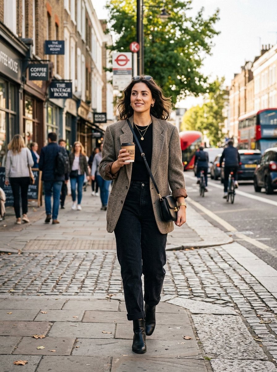 A smiling woman in a tweed blazer and jeans strolls along a cobblestone sidewalk in London while carrying a coffee cup.