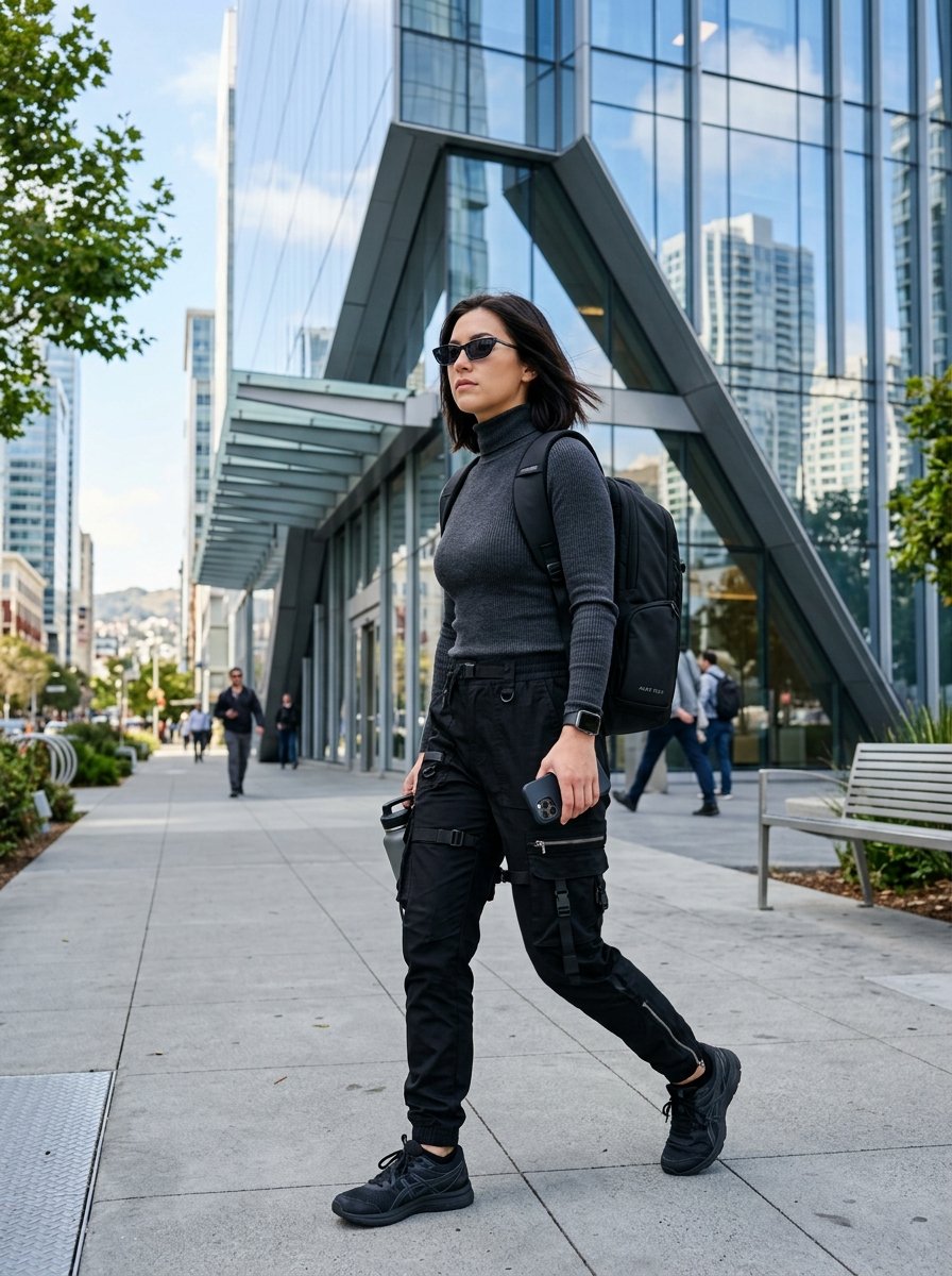 A woman with short hair and sunglasses walking on a sidewalk past a large glass office building.