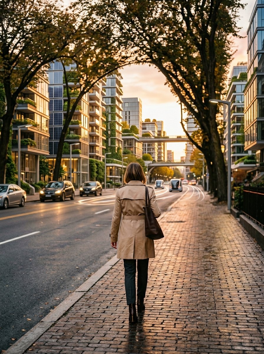 A person viewed from behind walks along a brick sidewalk toward a sunset-lit city with modern, plant-covered buildings.