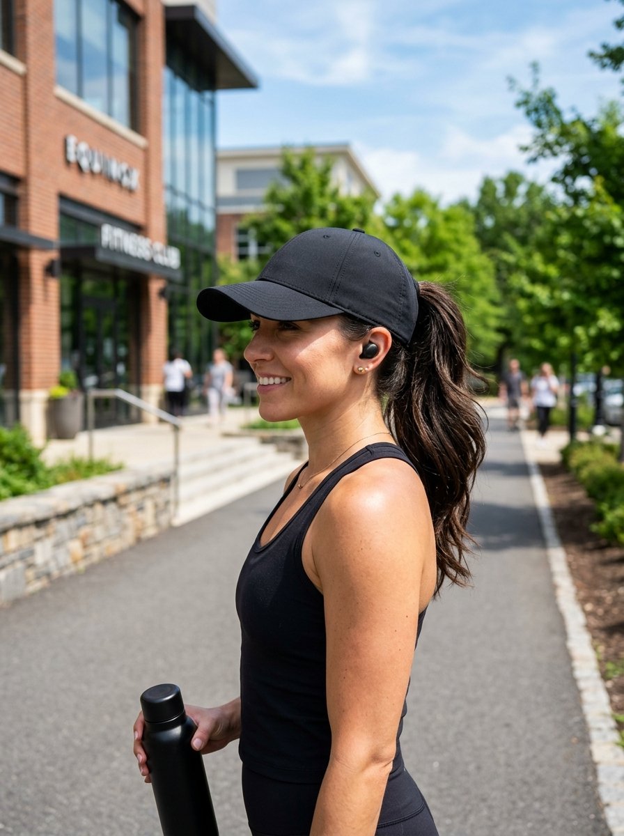 Side view of a smiling woman in a black baseball cap and tank top carrying a water bottle by a gym.