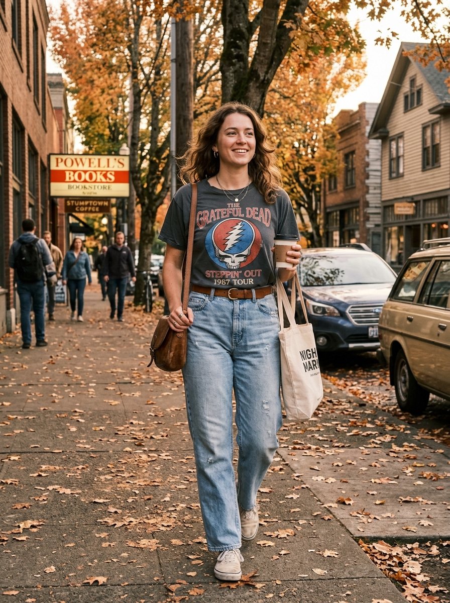 A smiling woman with wavy hair walks down an autumn city sidewalk past Powell's Books carrying a coffee and tote bag.