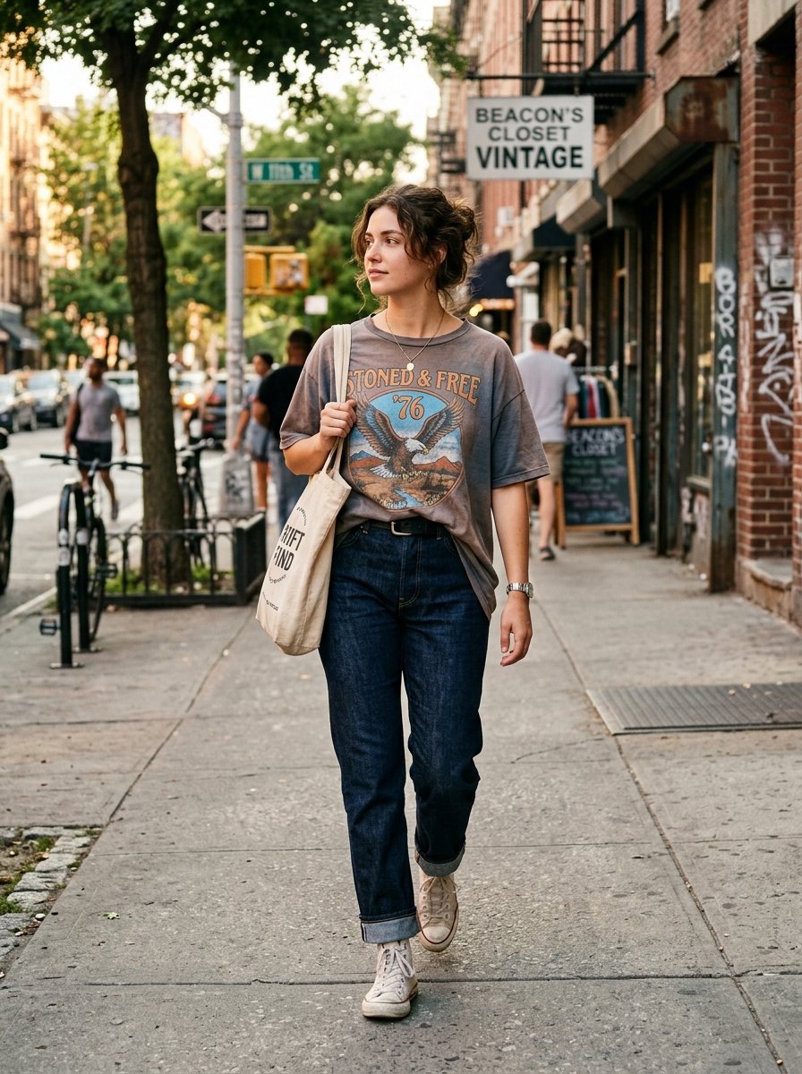 Young woman in a graphic eagle t-shirt and jeans carrying a canvas tote bag walking on a city sidewalk.