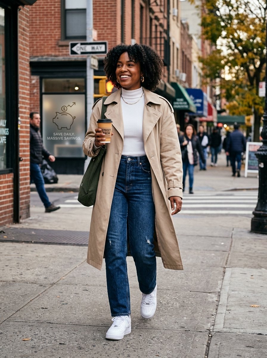 A curly-haired woman carrying a coffee cup wears a beige trench coat and jeans while walking on a city sidewalk.