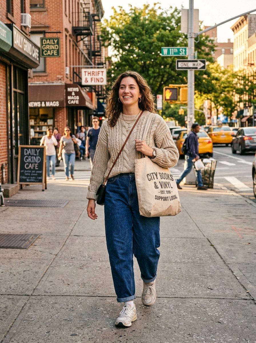Young woman wearing a cable knit sweater and jeans carries a City Books & Vinyl tote bag down a city street.