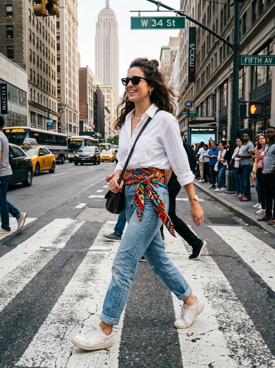Young woman wearing a white shirt and colorful waist scarf walking across a New York City pedestrian crosswalk.