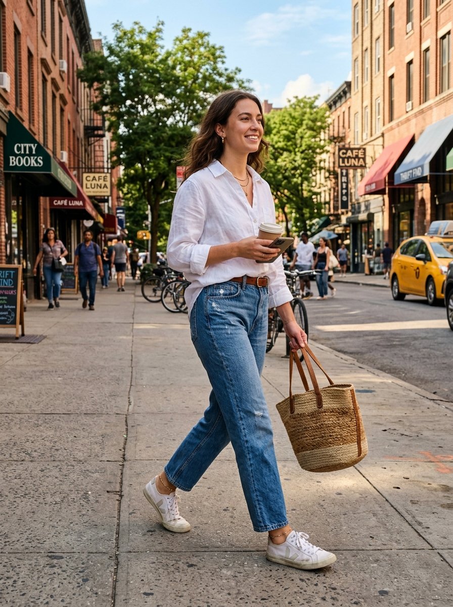 Young woman wearing a white linen shirt and jeans carrying a woven bag while walking on a New York City sidewalk.
