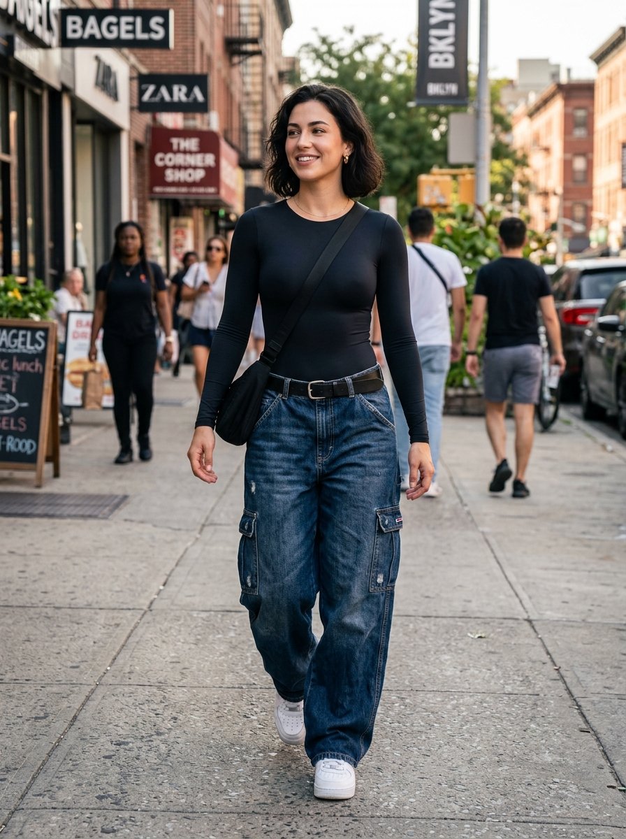 A woman with dark hair wearing a long sleeve black shirt and baggy blue cargo jeans walking on a city sidewalk.