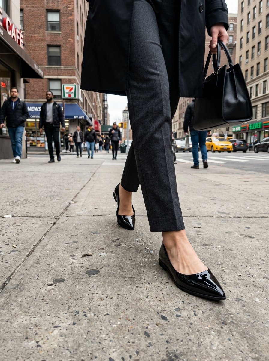Close up of a woman wearing grey trousers and black patent leather flats walking on a paved city street.