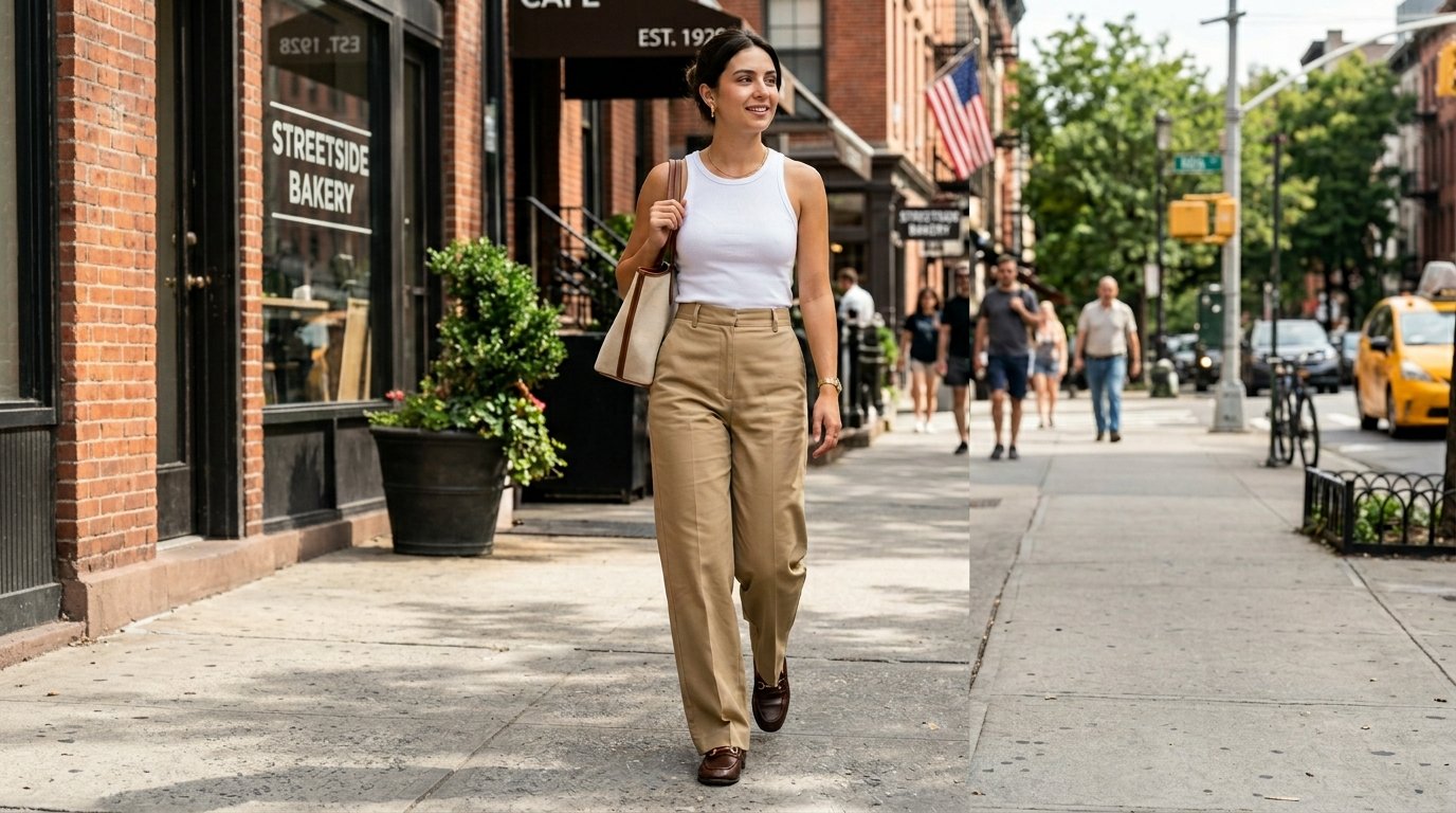 A smiling young woman in a white tank top and tan trousers walks down a sunlit city sidewalk.