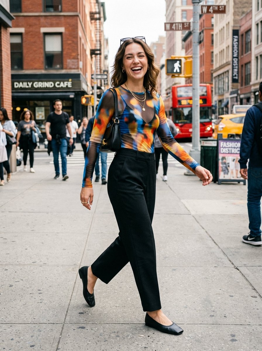 Smiling woman in a colorful sheer long-sleeve top and black trousers walking on a NYC sidewalk.