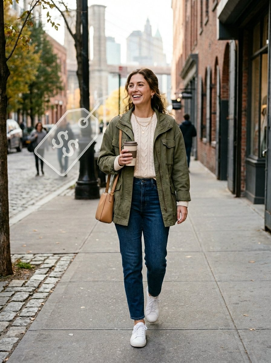 A happy woman in an olive jacket, jeans, and white sneakers walks on a city sidewalk holding a coffee cup.