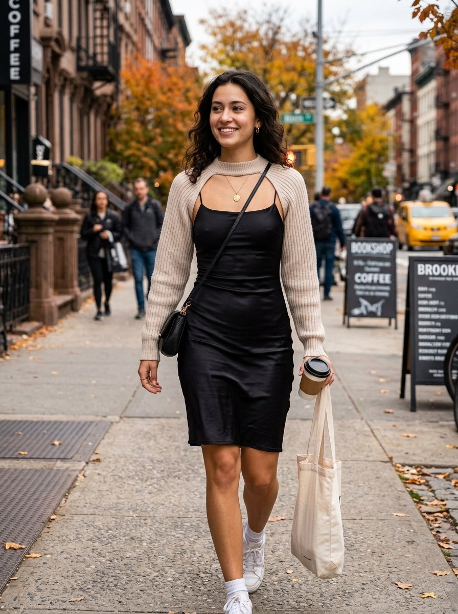 A smiling woman walks down a sidewalk in a black slip dress, beige bolero, and white sneakers holding a coffee cup.