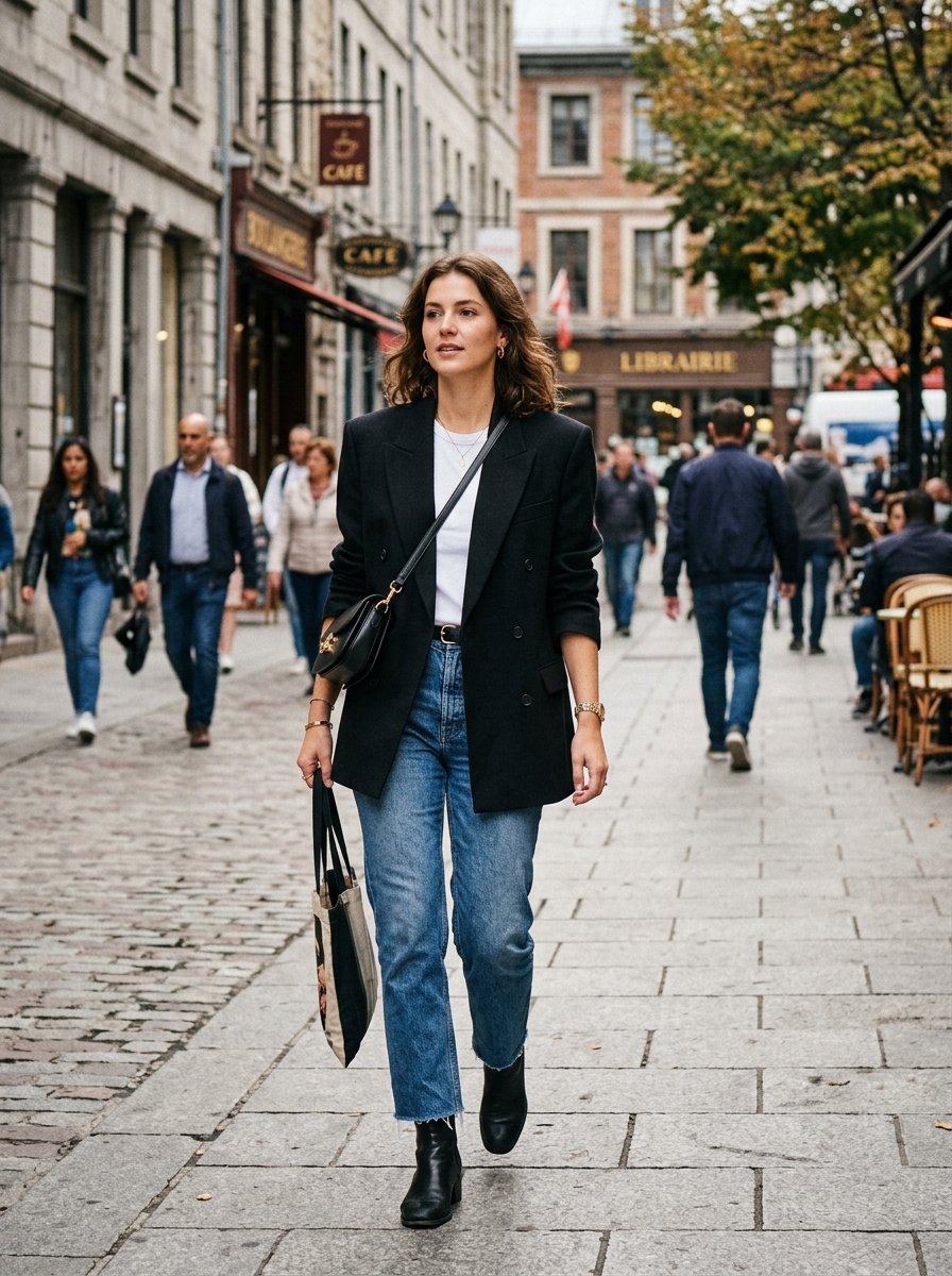 Woman in a black blazer and jeans strolling down a cobblestone street with cafes and shops in the background.
