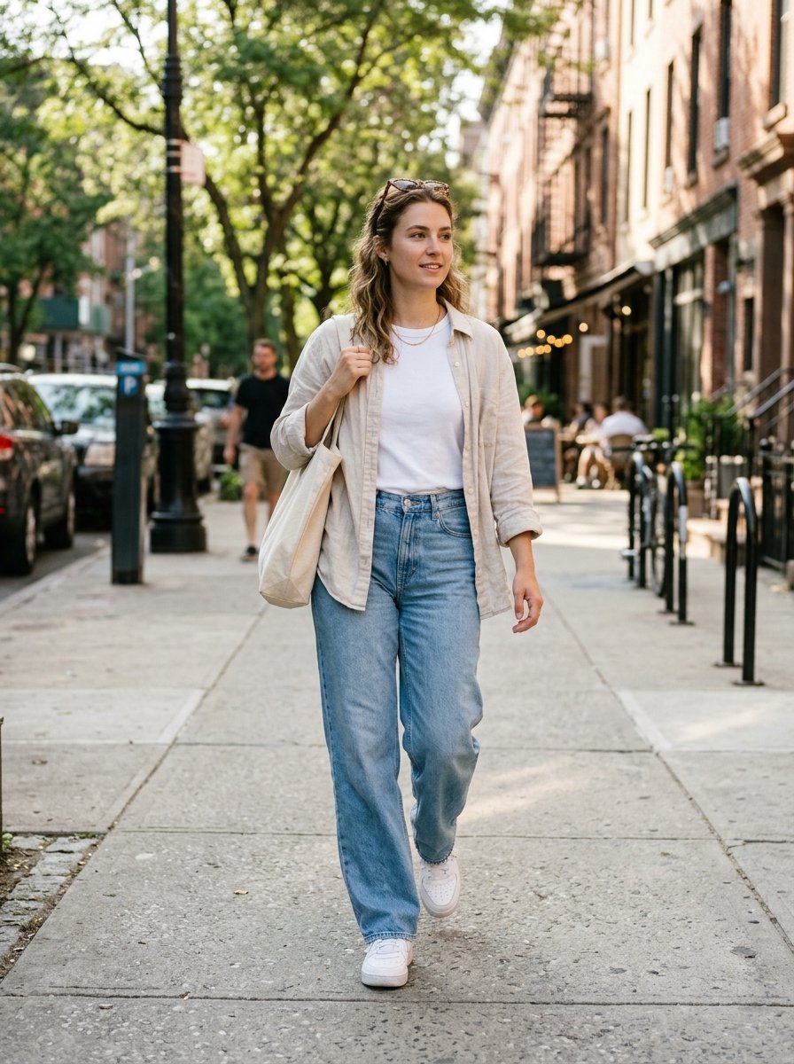 A blonde woman wearing a white t-shirt and linen shirt walks on a city sidewalk carrying a canvas tote bag.