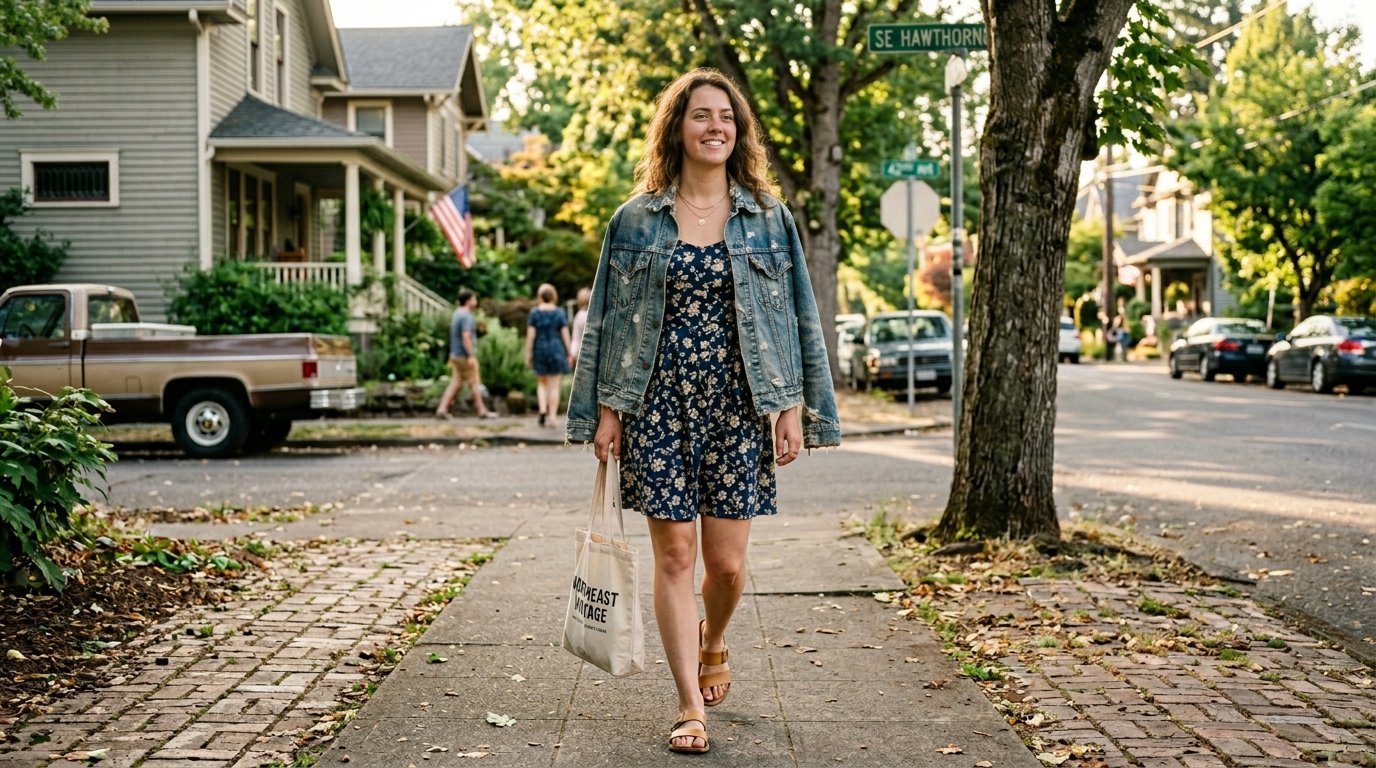 Smiling woman wearing a floral dress and jean jacket carries a canvas tote bag on a residential sidewalk.